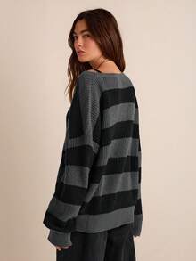 Easelle Áo len dài tay kẻ sọc dáng rộng thả vai cho nữ, mùa thu và đông, áo chui đầu thả vai nhiều màu dài tay rộng rãi cho nữ vào cuối thu, áo dài tay - Nhiều màu - Xem 2