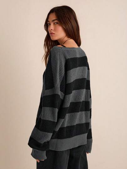 Easelle Women's Loose Fit Drop Shoulder Long Sleeve Striped Casual Sweater, Fall & Winter,Ladies Late Multicolor Pullovers Women Sweaters,Long Tops,Off The