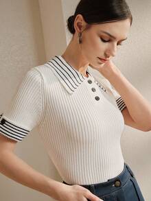 Anewsta 白色针织短袖丝滑条纹 Polo 领休闲上衣，夏季 - 白色 - 查看 6