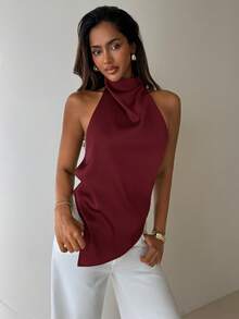 Aloruh Top rojo de cuello halter para mujer, elegante para ir al trabajo, vacaciones, con espalda sexy - Burdeos - Ver 3