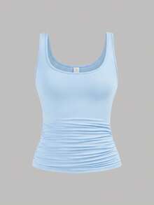 SHEIN Girlism 两件套少女休闲圆领褶皱腰部吊带背心套装，蓝白相间，适合日常休闲、百搭、居家穿着 - 藍色 - 查看 3