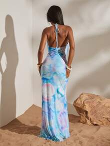 Spring & Summer Vacation Knitted Mesh Printed Halter Backless Mermaid Dress For Women - Baby Blue - View 2