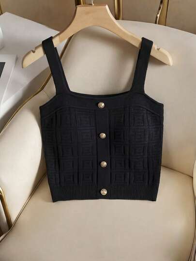 Pariaura Women's Solid Color Button Design Cropped Camisole Knit Top