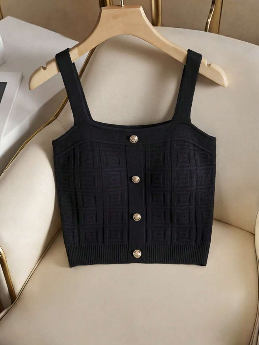 Franclia Áo hai dây ngắn tay dệt kim màu trơn có cúc dành cho nữ - màu đen - Xem 1