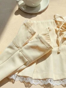Comfortcana Chân váy ngắn nữ màu mơ, buộc dây bên hông, xếp ly, kiểu dáng thường ngày, thích hợp cho mùa xuân và mùa hè. - Màu be - Xem 3