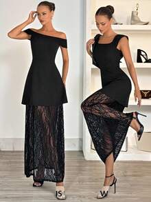 Siren Gaze Square Neck/Off-The-Shoulder Style Black Lace-Trimmed Long Dress For Women, Perfect For Summer. Elegant High-Waisted Dress, New Summer Design, Sophisticated And Stylish, Sheer Mesh Lace Trim, Perfect For Banquets Sexy Elegant Dress Black Lace Dress Black See Through Dress Lace Insert Dress 2 In 1 Dress - Black - View 5