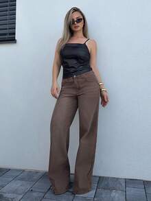 Jeta Ari 女士休闲时尚街头低腰宽松阔腿水洗牛仔裤 - 棕色 - 查看 5