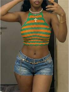 StreetHx Top tricoté sans manches ajouré, multicolore, streetwear pour femmes - Multicolore - Voir 4