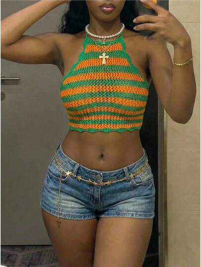 StreetHx Streetwear Women's Hollow Out Sleeveless Knit Top, Multicolor,Summer Holiday Outfits,Afro Fashion Outfits