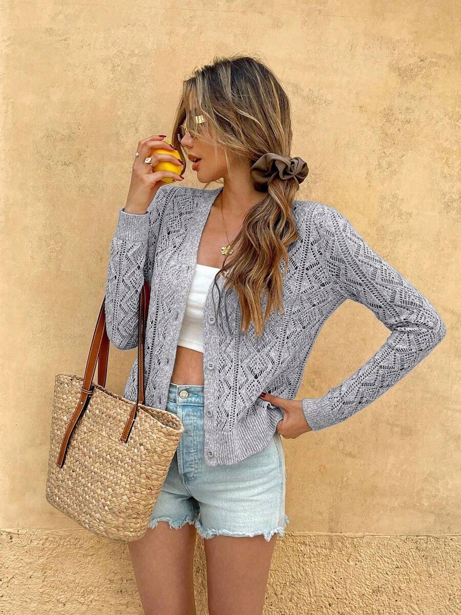 Breezaya 女士镂空薄款长袖开衫 - 灰色 - 查看 1