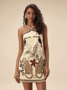 Travachic 女士热带印花露背度假连衣裙 - 卡其色 - 查看 6
