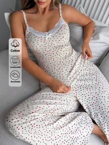 SHEIN Bộ đồ mặc nhà 2 mảnh dành cho nữ, màu mơ, chất liệu cotton dệt kim gân, họa tiết nhiều màu sắc, phối ren tương phản ở cổ, gồm áo không tay và quần dài. Sản phẩm thoải mái, thoáng khí, thích hợp cho mùa hè. - Nhiều màu - Xem 1