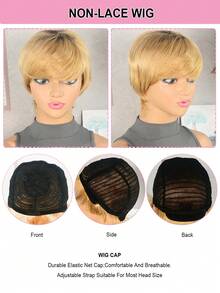 1B/27 直发短款精灵头真人发假发，带刘海，蜜金色发根，4英寸短款层次直发假发，自然逼真，适合女性日常及节日佩戴。 - OT27 - 查看 6