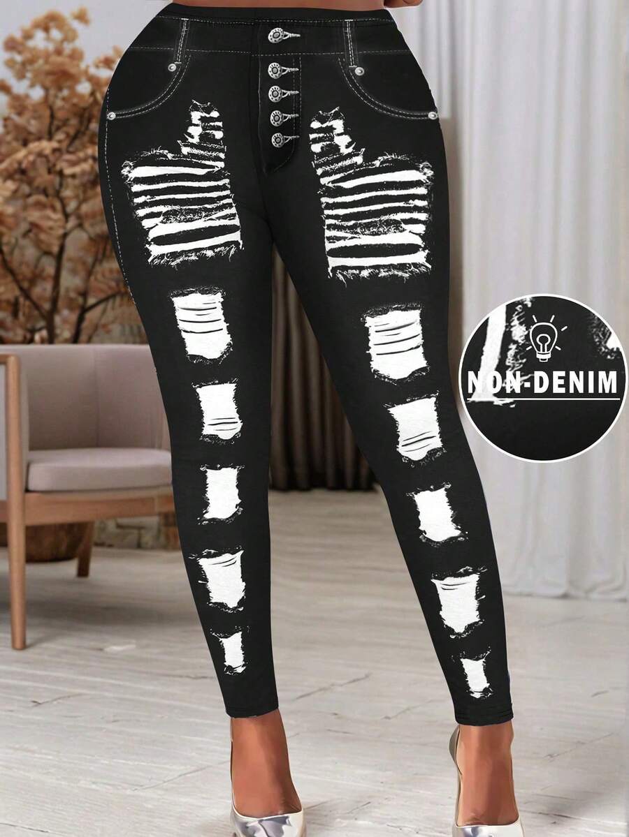 SHEIN LUNE Quần legging bó thời trang cỡ lớn hiệu ứng denim rách - Nhiều màu - Xem 1