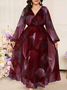 Modelyn Vestido midi listrado elegante e modelador de cintura para mulheres plus size - Borgonha - Ver 6