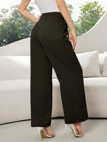 Modelyn 女士休闲纯色直筒裤，适合日常通勤 - 軍綠色 - 查看 2