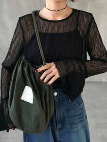 FRIFUL Blusa casual versátil con cuello redondo, manga larga, puños acampanados y textura de malla transparente - Negro - Ver 3