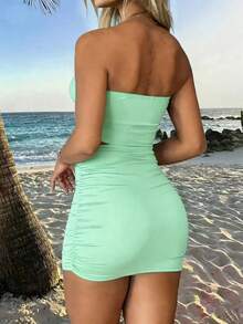 INAWLY Women's Summer New Strapless Asymmetrical Hem Top And Ruched Hem Skirt Sexy 2 Pieces Set - Mint Green - View 2