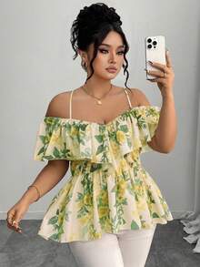 Elenzga Áo kiểu dáng chữ A thanh lịch, trễ vai, viền bèo nhún, cỡ lớn, thích hợp cho mùa xuân/hè. - màu xanh lá - Xem 3