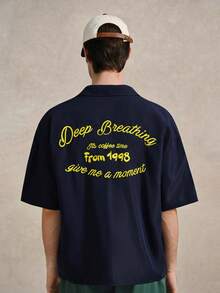 男士夏季休闲街头风刺绣落肩宽松衬衫，适合网球、高尔夫等运动，纽扣领设计，父亲节礼物 - 藍色 - 查看 1