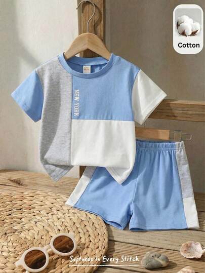 Cozy Pixies 2pcs Baby Boy Contrast Color Knit Soft Round Neck Short Sleeve Top And Elastic Waist Shorts Set