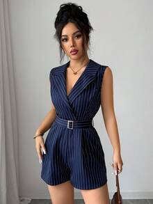 GlowEve Bộ jumpsuit nữ thời trang xuân/hè mới, kẻ sọc, dệt kim, cổ ve áo, không tay, thắt lưng kim loại, thanh lịch, thích hợp đi làm và mặc hàng ngày. - Màu xanh hải quân - Xem 7