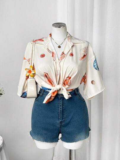 Sweetra Plus Size Women's Casual Elegant Seascape Print Loose Fit Blouse, Vacation Style, Spring/Summer