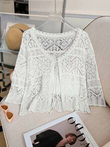 GlowEve Áo khoác cardigan mỏng nhẹ tay lửng 3/4 khoét lỗ dành cho nữ, mẫu mới mùa hè. - trắng - Xem 4