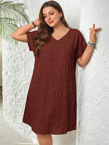 Rosumi Plus Size Summer Casual Solid Color Textured Dress - Redwood - View 4