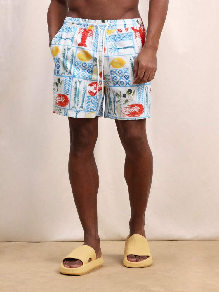 Pantaloncini da spiaggia da uomo con motivo a frutti di mare, pantaloncini da bagno estivi con stampa di aragoste e pesci, con coulisse in vita, abbigliamento da vacanza e resort, pantaloncini da nuoto casual