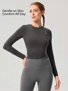 OutZeal 女士运动T恤 日常休闲速干弹力露背镂空设计圆领修身运动上衣 - 灰色 - 查看 2