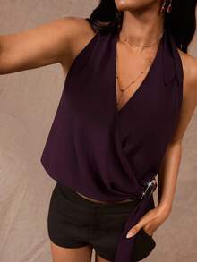 Opulessa Women's Solid Color Side Buckle Design Halter Neck Top,Summer Top - Purple - View 7