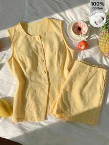 SHEIN EZwear 黄色梭织休闲女式背心和短裤套装 - 黃色 - 查看 2