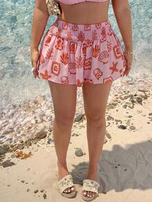 SHEIN EZwear Quần short dáng rộng, cỡ lớn, cạp chun, họa tiết biển, thích hợp cho mùa hè. - Màu Cam san hô - Xem 4