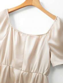 GlowEve CURVE Plus Size Women Elegant Square Neck Ruched Satin Dress,Silk Shimmer Bridal Outfit,Formal Classy White Luxury Dresses,Champagne,Summer,Wedding Guest - Apricot - View 5