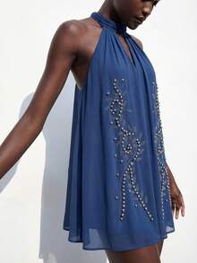 Maija Women Boho French Casual Elegant Dusty Blue Halter Sleeveless Mini Dress With Studded Plant Pattern A Line Flared Hem Woven Fabric Going Out Party - Dusty Blue - View 2