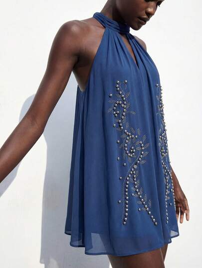 Maija Women Boho Dusty Blue Halter Sleeveless Mini Dress With Studded Plant Pattern A Line Flared Hem Woven Fabric