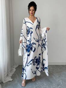 SHEIN Elenzya 优雅女士蓝色印花长款宽松连衣裙，V领喇叭袖设计，休闲度假沙滩长裙，适合日常、约会、派对、居家穿着，春夏皆宜。 - 藍白色 - 查看 6