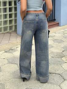 Alexandranx 休闲水洗百搭百搭宽松阔腿蓝灰色低腰牛仔裤，夏季新款 - 中等水洗藍 - 查看 2