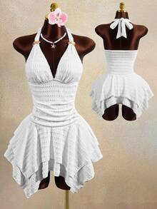 Zestiva 女士几何纹理面料露肩上衣，金属装饰不对称下摆性感泳衣套装，优雅复古沙滩派对度假女士两件套泳衣，女士两件套泳衣，女士塑身游艇装，女士惊艳连衣裙，Y2K连衣裙，女士度假套装，女士夏季沙滩装，女士夏季套装，女士泳衣套装，女士两件套 - 白色 - 查看 2