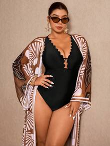 Elaquor Maiô Elegante Minimalista com Babados e Decote em V, Plus Size, Preto - Preto - Visão 5