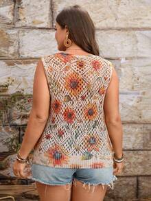 EMERY ROSE Débardeur en tricot ajouré à imprimé nœud, imprimé nœud frais et accrocheur, jeune et doux, coupe ample décontractée et confortable, à porter avec un jean pour un look décontracté chic - Kaki - Voir 2