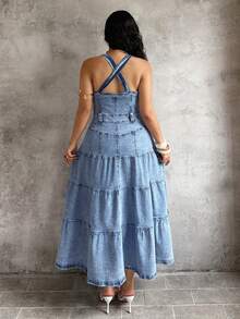 Sunnyshic Plus Size Summer Casual Front Button Backless Halter Denim Dress - Blue - View 3