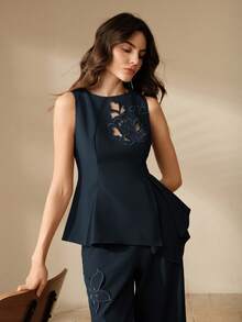Áo tank top nữ dáng chữ A ôm eo, thêu họa tiết thanh lịch, vạt áo bất đối xứng - Màu xanh hải quân - Xem 5