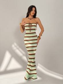 SHEIN Tall Đầm maxi cúp ngực ôm sát, đan móc, lãng mạn mùa hè, phối màu xuân/hè, dành cho nữ. - màu xanh lá - Xem 5