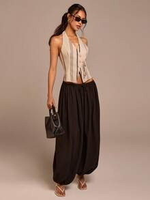 COSMINA Women's Elegant Asymmetric Striped Sleeveless Blouse, Versatile For Commuting, Office, And Casual Wear, Early Spring - Khaki - View 4