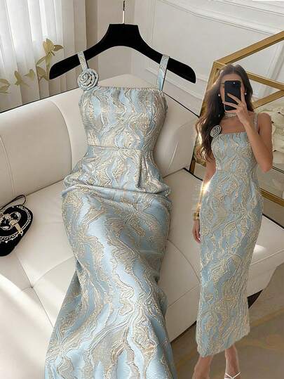 Elenzga Women's Gold Textured Fabric, Waist-Cinching French Elegant Floral Strap Midi Dress, High-End Refined, Versatile For Graceful Outings Jacquard Dress Blue And Gold Dress Women Brocade Dress Women Metallic Dresses For Women Women's Formal Dress Gown Bride Women Formal Dress Luxury Women Dress Elegant Classic Dress Teal Women Party Dress Wow Dress Old Money