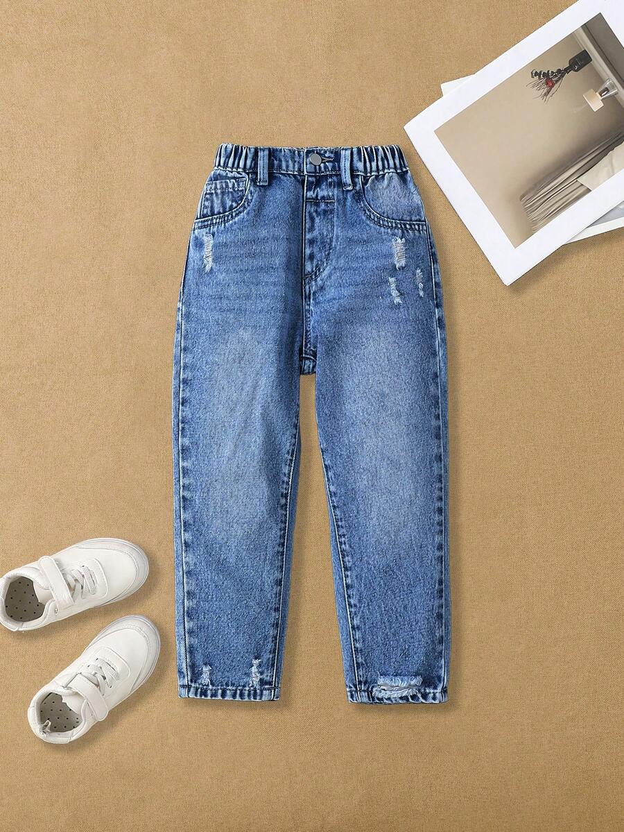SHEIN Jeans para niñas, de algodón cómodo, diseño desgastado, uso casual diario, adecuado para salidas, fiestas, viajes, regreso a la escuela, nueva llegada, pantalones vaqueros versátiles para exteriores y transporte - Azul lavado medio - Ver 1