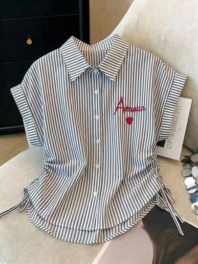 Resyla 女士蝙蝠袖短袖腰部抽绳精致刺绣收腰修身经典条纹单排扣衬衫，适合春夏休闲、派对穿着