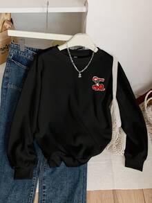Attitoon Hanorac casual pentru femei, cu mânecă lungă, cu gât rotund, cu model brodat de cireșe - Negru - Vizualizare 3